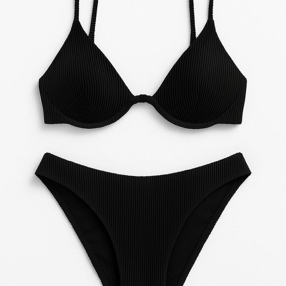 Ribbed Black Triangle Bikini Set — L (Underwire Push-Up, High-Cut Cheeky) 🖤 - Picture 1 of 5